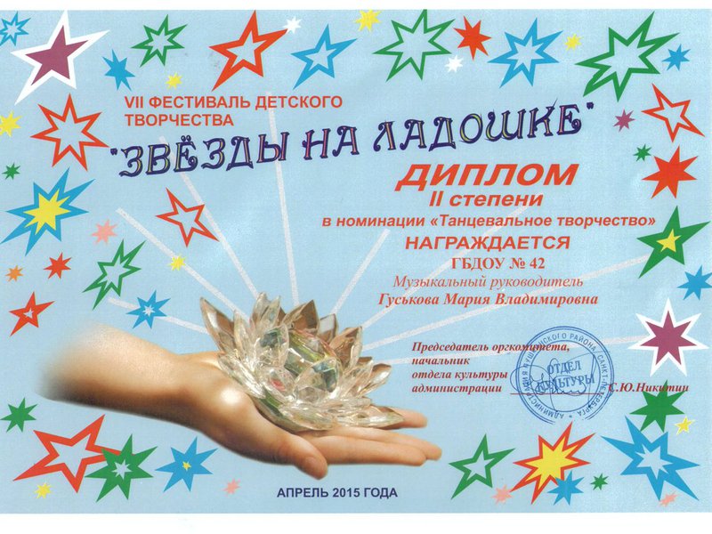 Диплом II степени в номинации «Танцевальное творчество» за участие в VII фестивале детского творчества «Звезды на ладошке»