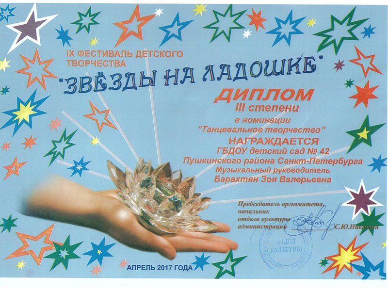 Диплом III степени в номинации «Танцевальное творчество» за участие в IX фестивале детского творчества «Звезды на ладошке»